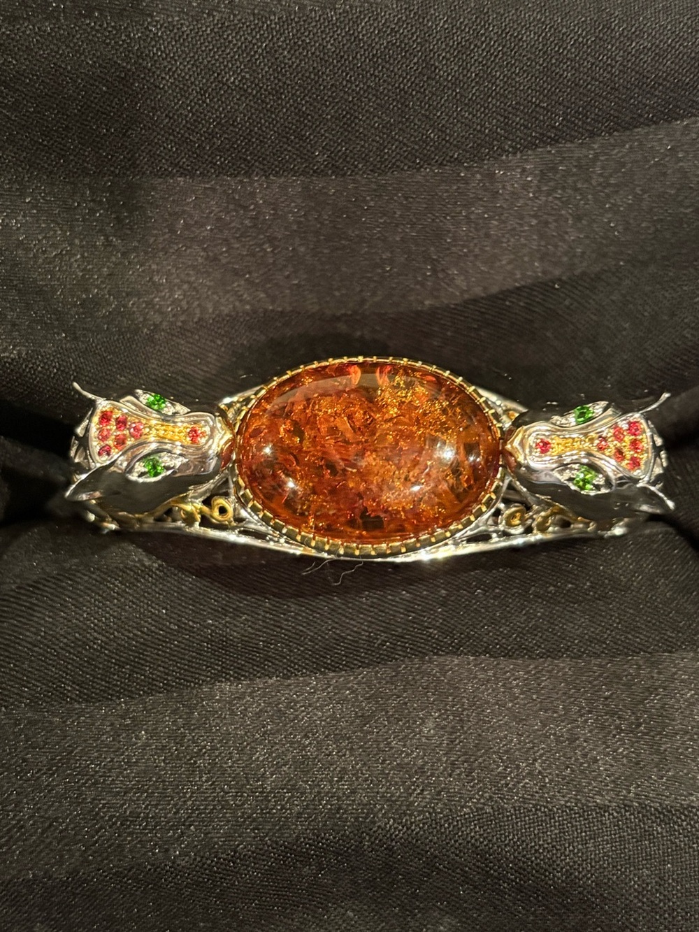 Ornate Two-Tone Lion Head Cuff Bracelet with Baltic Amber Cabochon